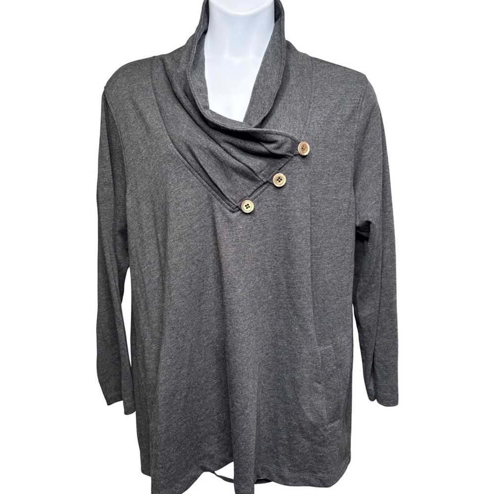 SOFT SURROUNDINGS Womens Gray Shawl Button Collar Long Sleeve Tunic 1X Comfort